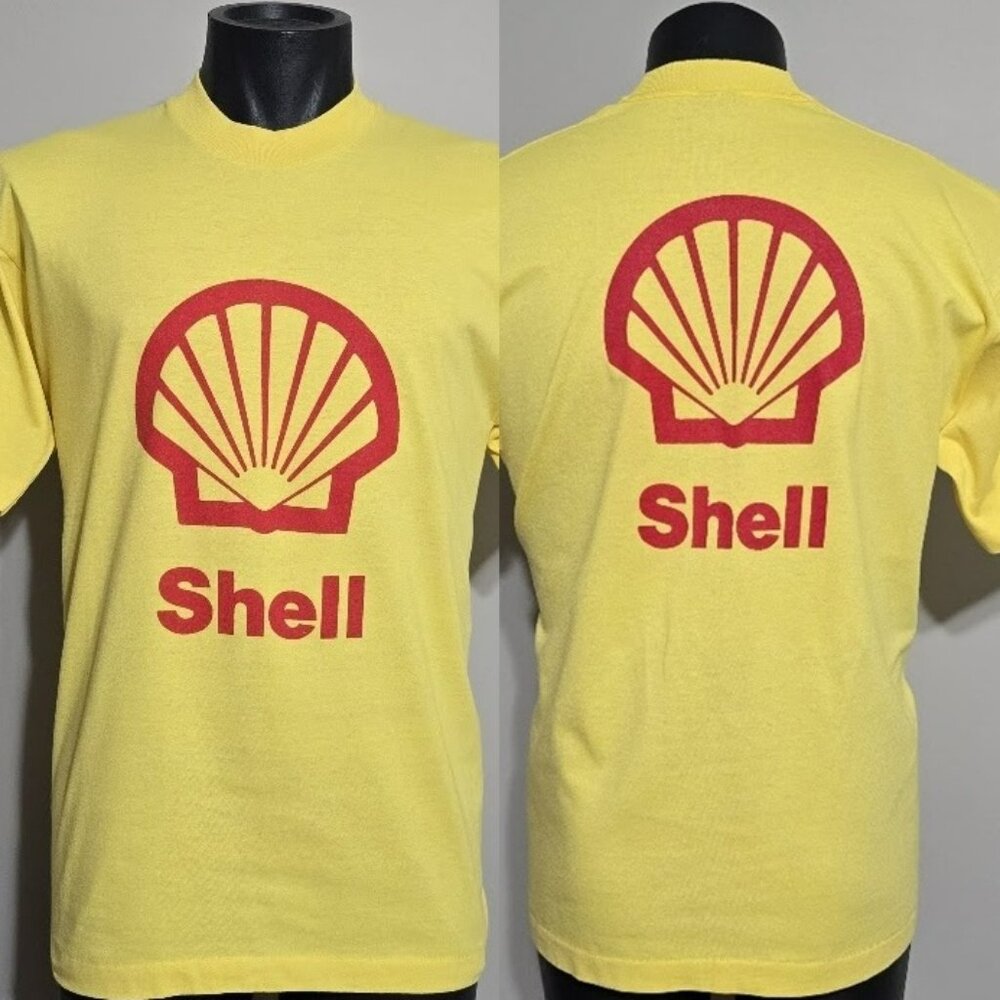 Vintage 90s Shell Oil Gas Promo Tee Yellow Double Sided Graphic Streetwear L